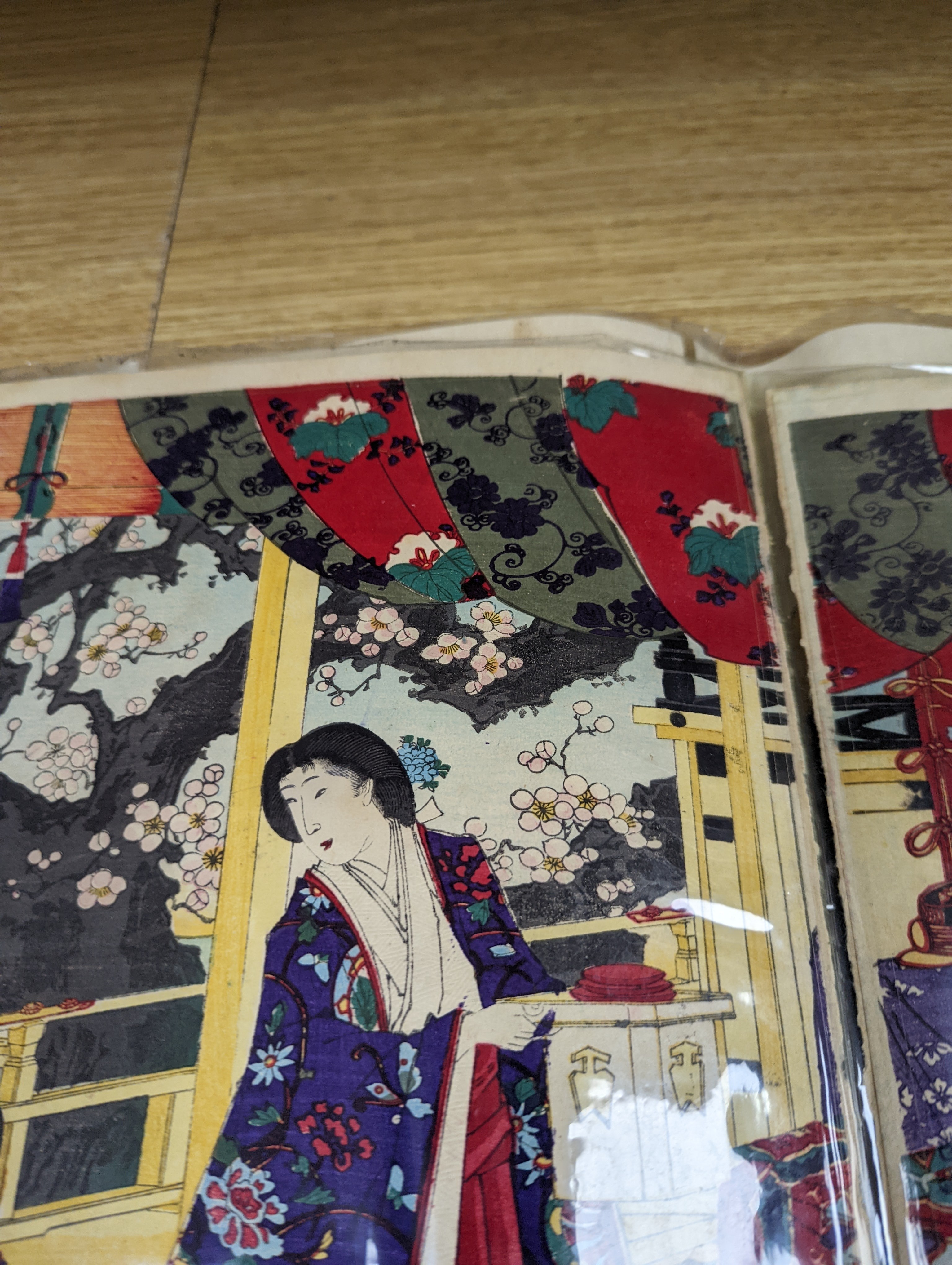 Three Japanese woodblock triptychs by Chikanobu Toyohara and others, Oban format